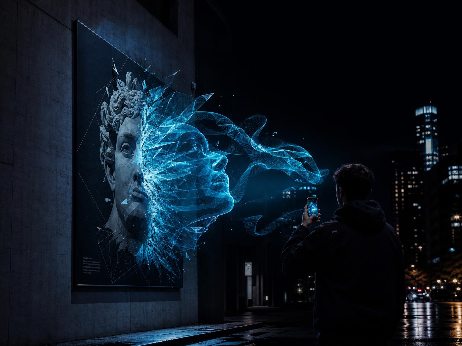 A smartphone pointed at a city poster as the artwork extends beyond the wall into a luminous 3D digital experience