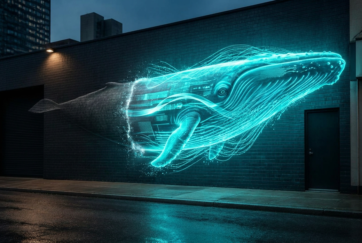 IMRSV state: the same mural activated as a luminous 3D whale swimming into the street