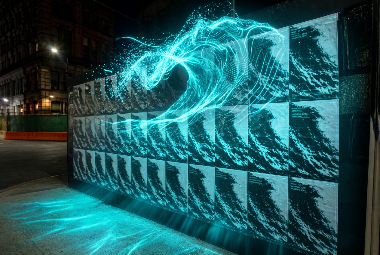 The same wildposting campaign through IMRSV, with a luminous digital wave erupting from the posters into the street